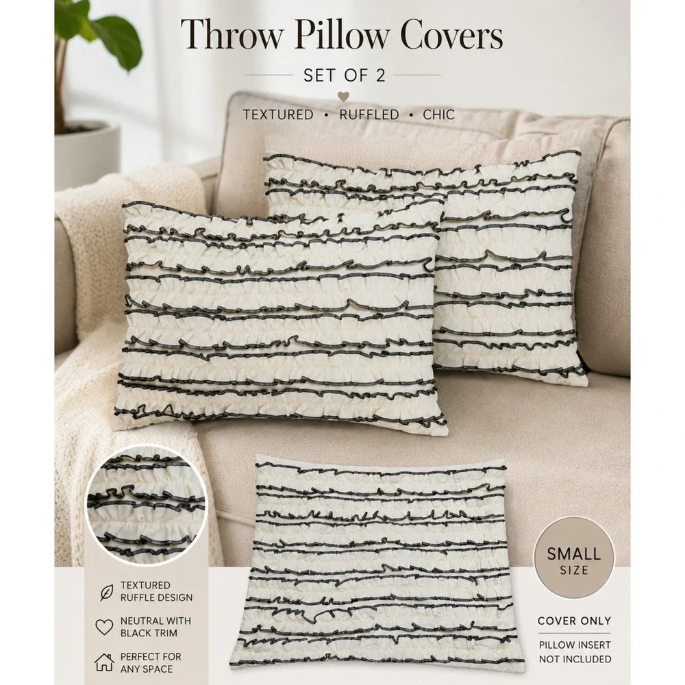 Laura Ashley Home Set of 2 Ruffled Pillow Covers 12x16‎ Cream Black Cotton